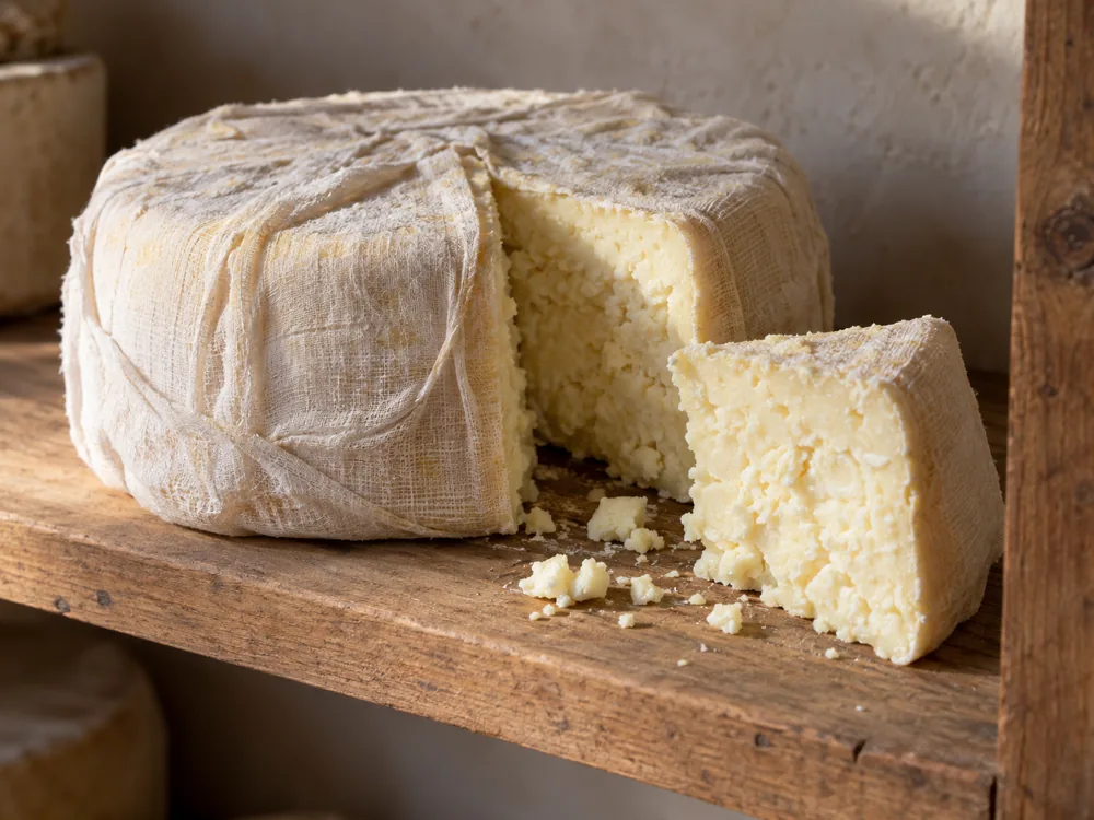 Cloth-wrapped round of farmhouse cheese on a wooden shelf with a wedge cut out, showing a pale crumbly interior - Kirkham's Lancashire | KnowTheCheese