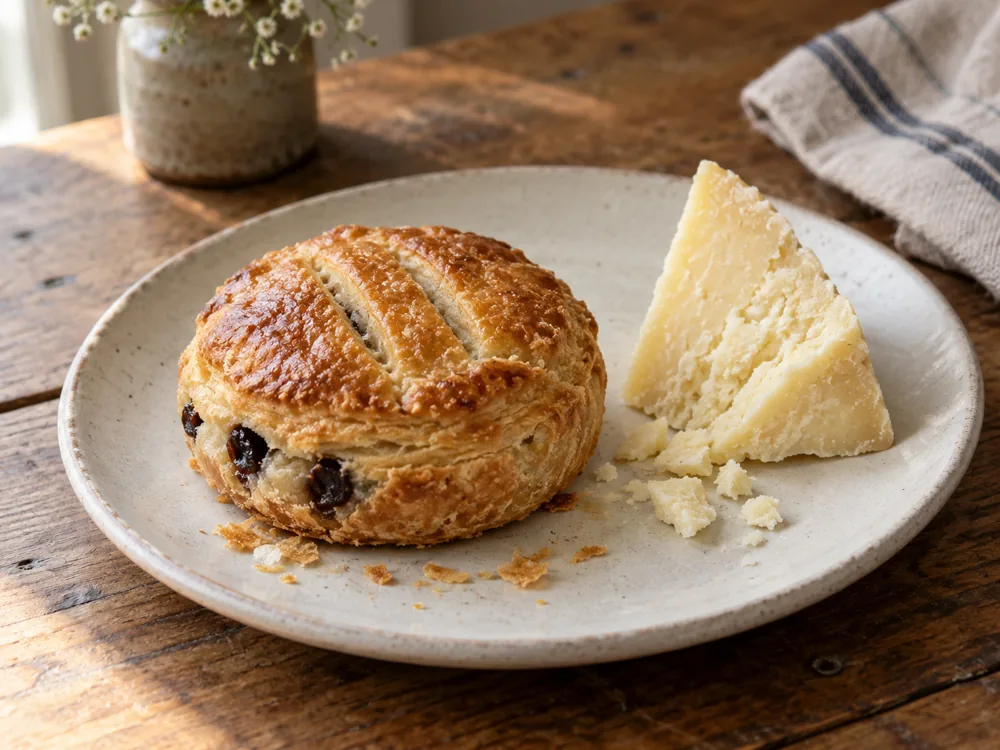 Eccles cake with a scored golden top and currants beside a crumbly wedge of pale cheese on a plate - Kirkham's Lancashire | KnowTheCheese