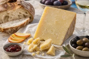 Hard Croatian cow milk cheese wedge with apples plum jam olives and bread - Kolan Extra Mature | KnowTheCheese