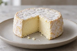 Small soft cheese with a wrinkled pale rind and a wedge cut away to show creamy ivory paste - La Tur | KnowTheCheese