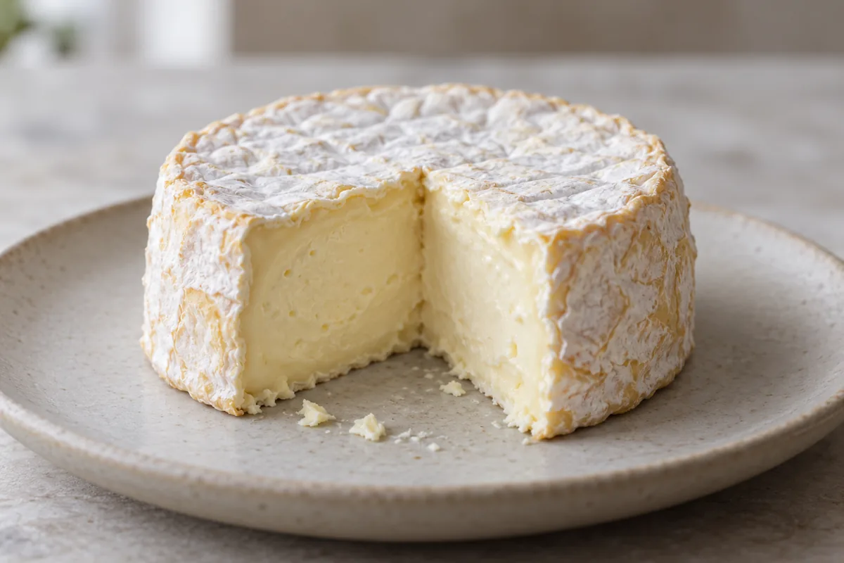 Small soft cheese with a wrinkled pale rind and a wedge cut away to show creamy ivory paste - La Tur | KnowTheCheese