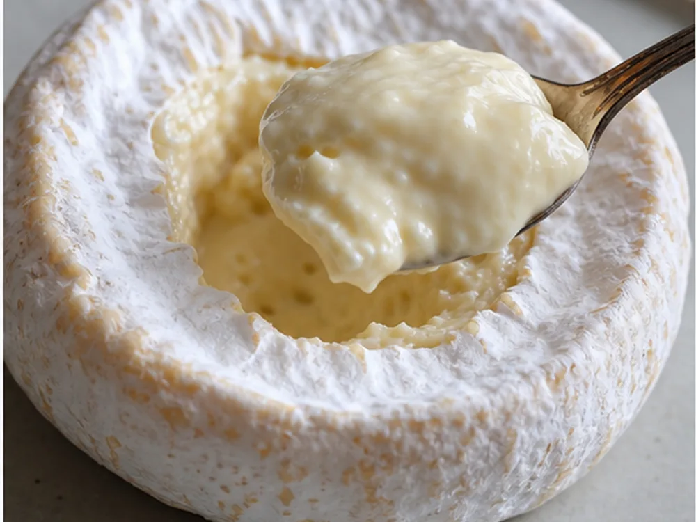Small bloomy rind mixed milk cheese cut open with creamy paste - La Tur | KnowTheCheese