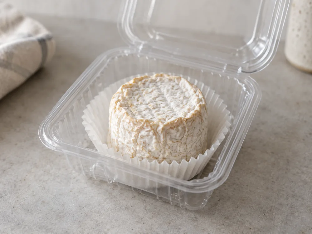 Small cylindrical cheese with a wrinkled rind in a paper cup inside a clear plastic container - La Tur | KnowTheCheese