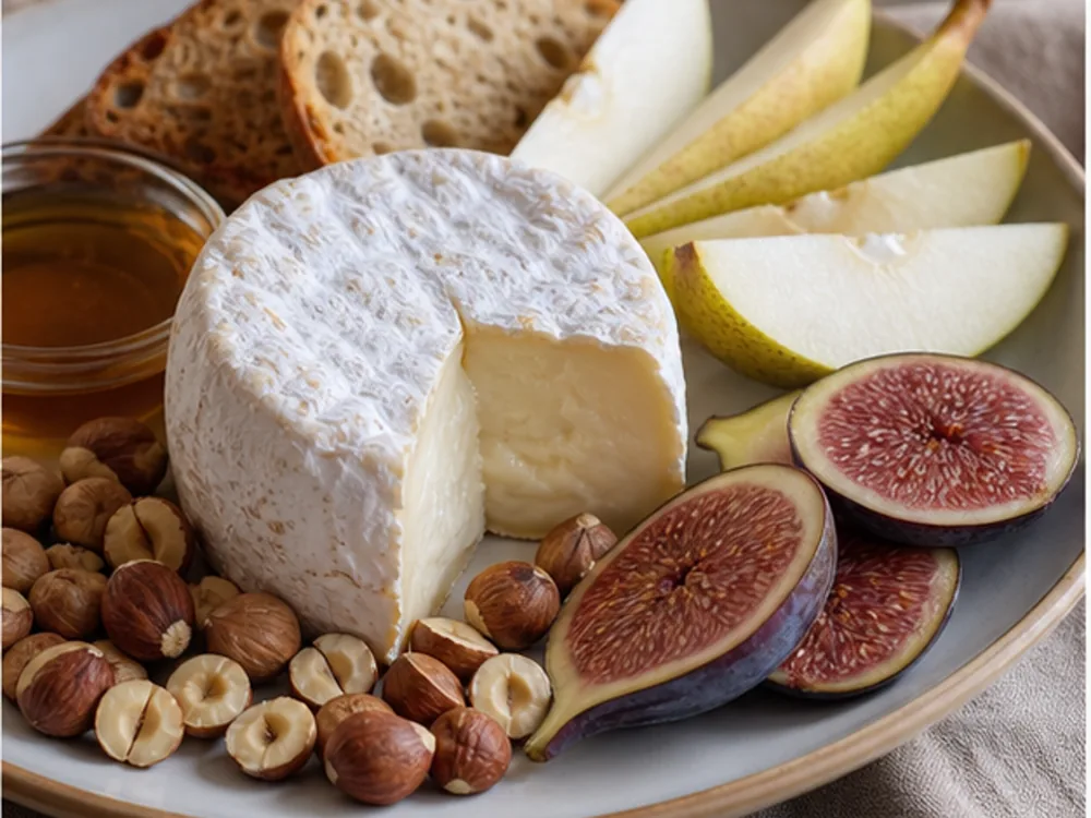 Soft mixed milk cheese with figs honey hazelnuts and crisp bread - La Tur | KnowTheCheese