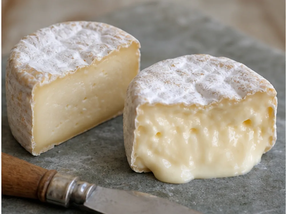 Two soft bloomy rind cheese pieces showing firmer and creamier centers - La Tur | KnowTheCheese