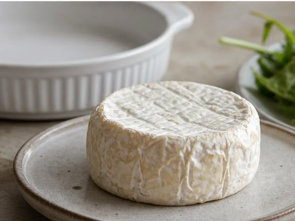 Whole soft bloomy cheese beside crisp bread greens and unused gratin dish - La Tur | KnowTheCheese