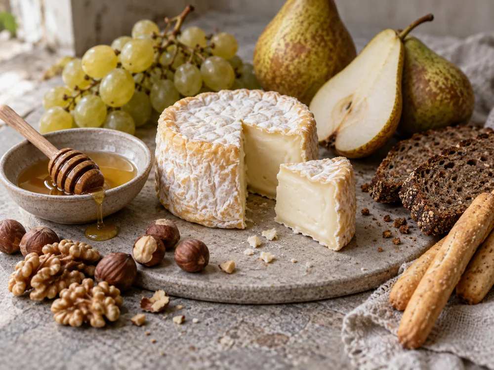 Small soft cheese with a wedge cut away beside honey, pears, grapes, nuts, rye bread, and breadsticks - La Tur | KnowTheCheese