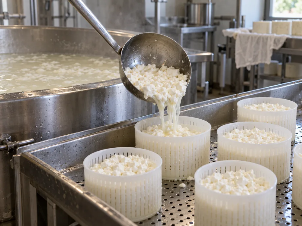 Ladle pouring soft white curd from a steel vat into perforated molds - La Tur | KnowTheCheese