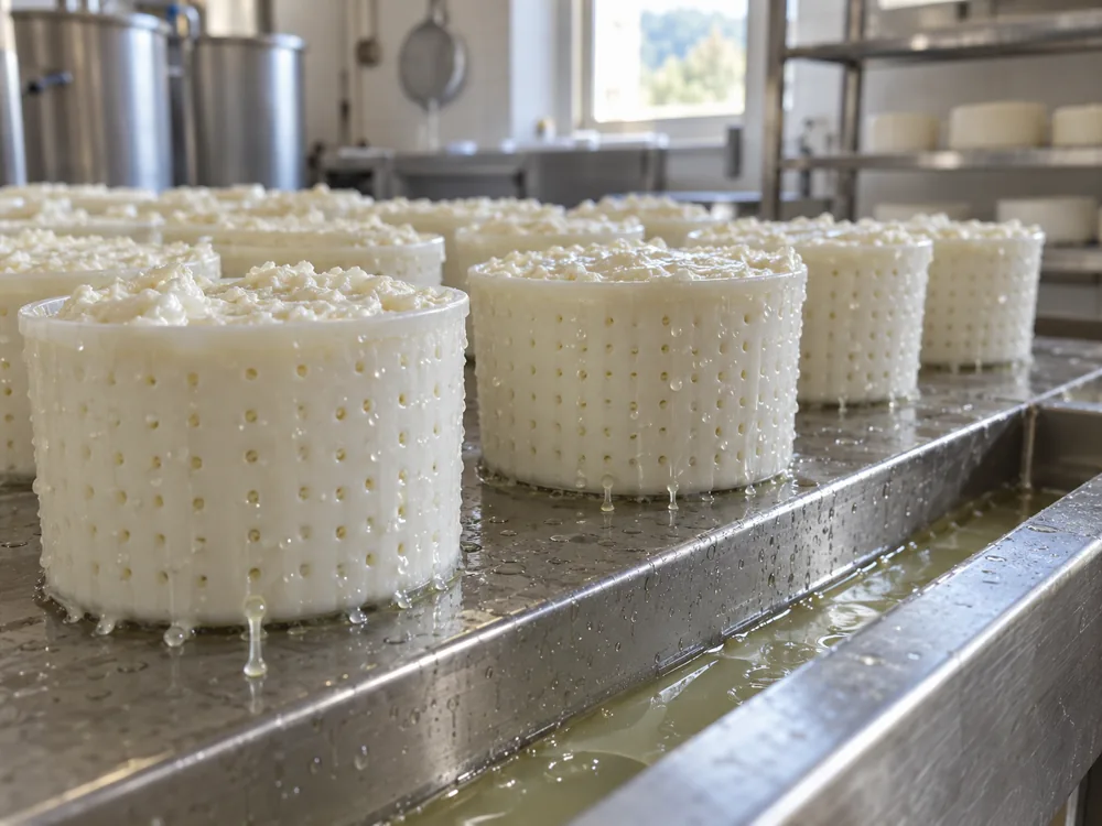 Perforated molds filled with soft white curd draining whey on a steel table - La Tur | KnowTheCheese
