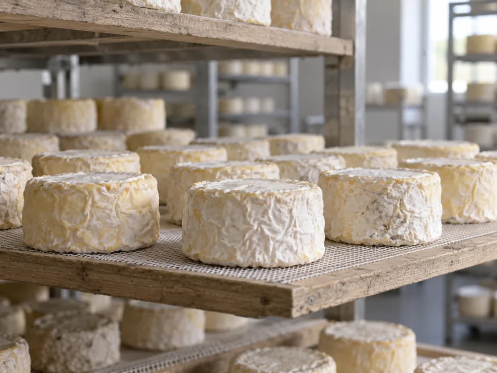 Small soft cheeses with wrinkled pale rinds in rows on racks in an aging room - La Tur | KnowTheCheese
