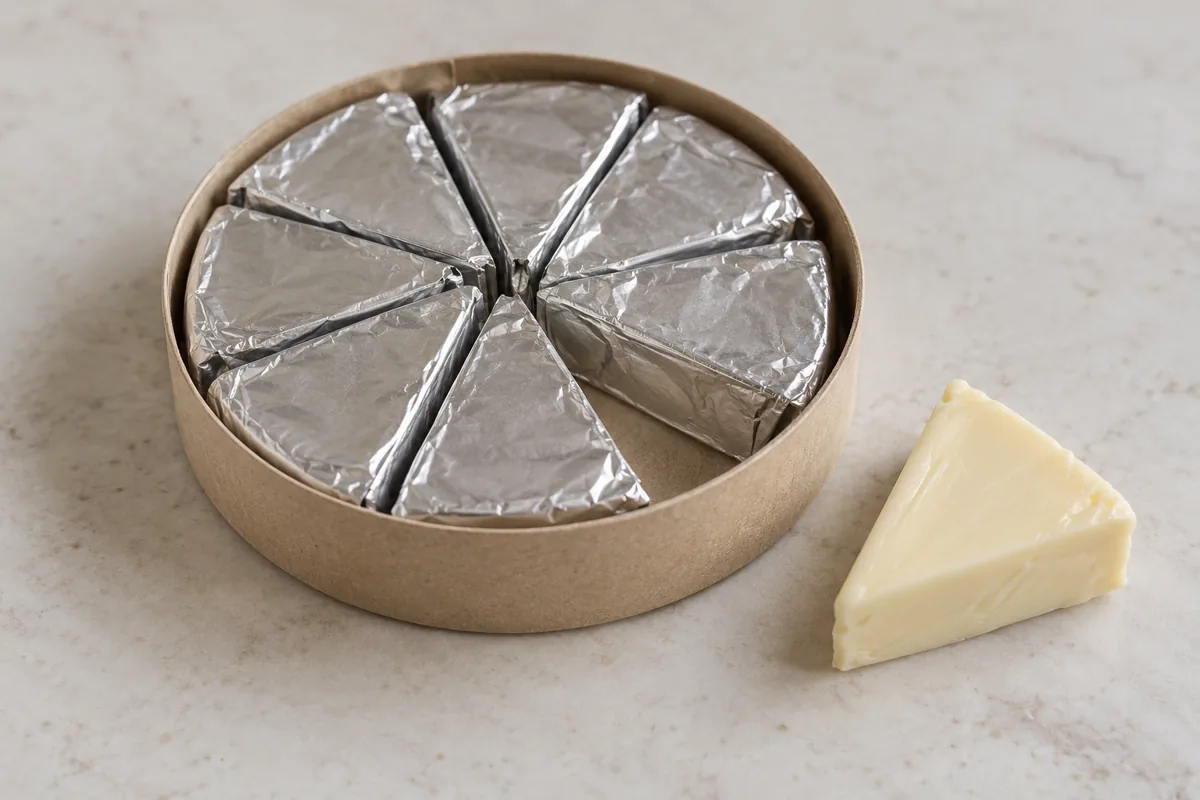 Round flat box of foil-wrapped processed cheese wedges beside one unwrapped wedge - La Vache Qui Rit | KnowTheCheese