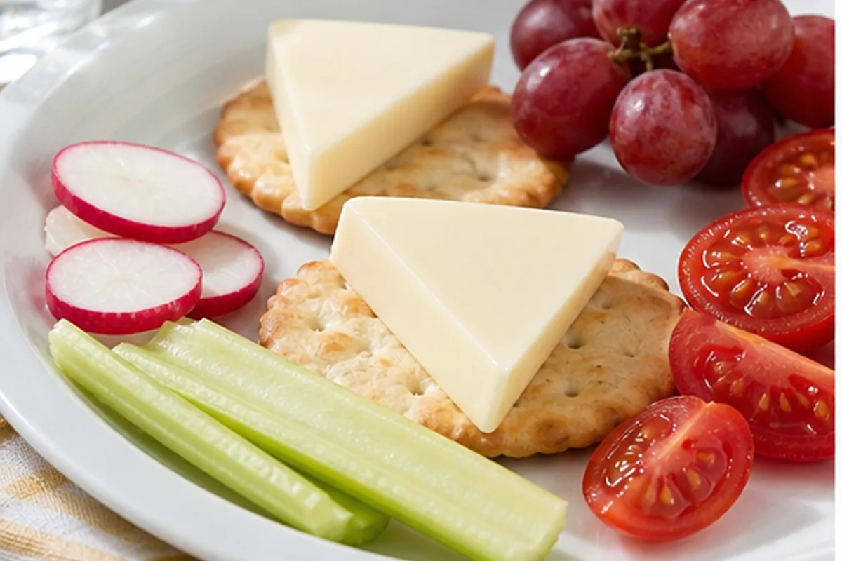 Processed cheese wedges with crackers radish celery tomato and grapes - La Vache Qui Rit | KnowTheCheese