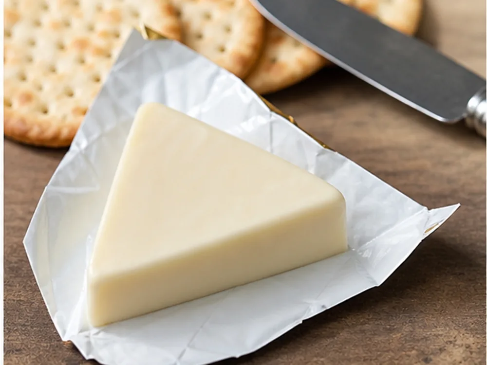 Small triangular processed cheese wedge opened beside crackers - La Vache Qui Rit | KnowTheCheese