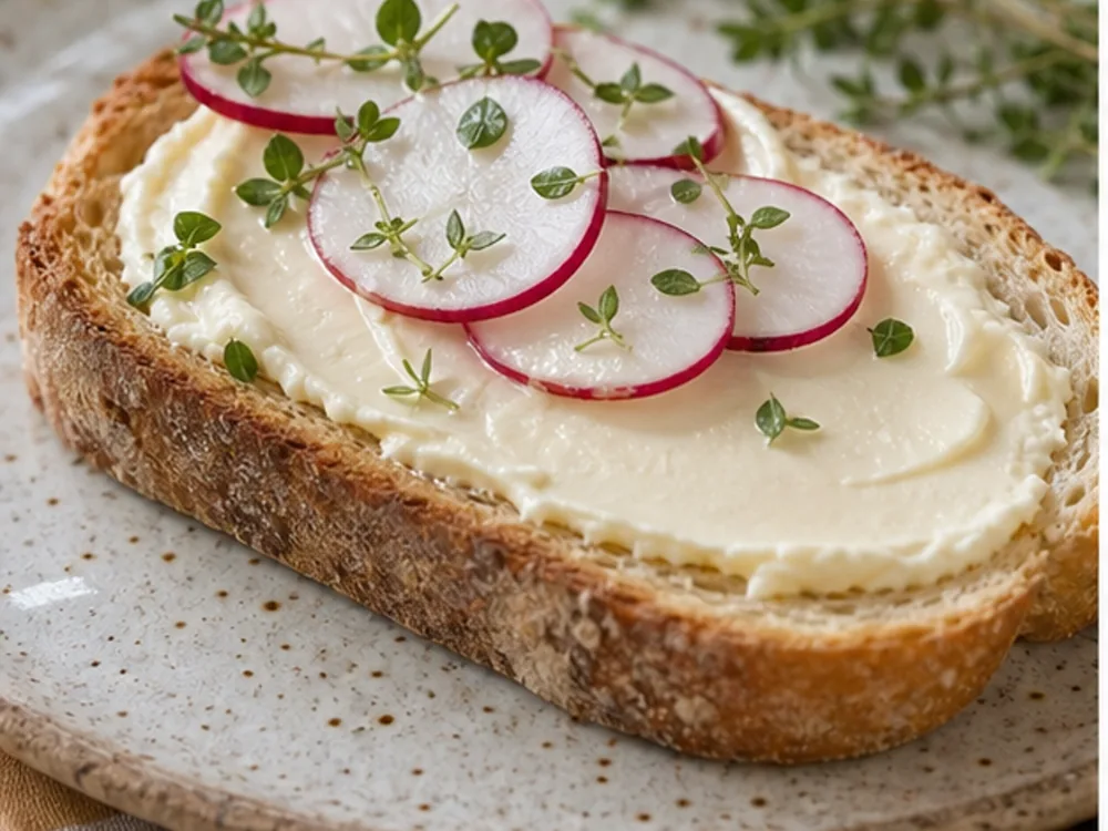 Processed cheese wedge spread on toast with radish and herbs - La Vache Qui Rit | KnowTheCheese