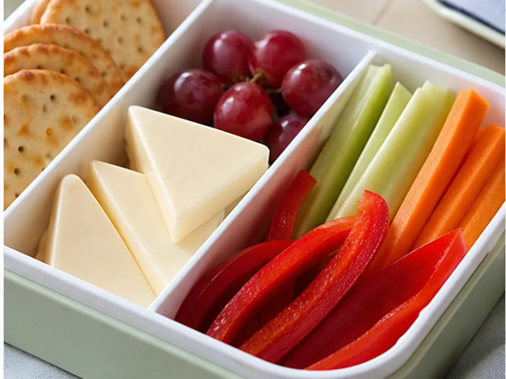 Processed cheese wedges with crackers vegetables and grapes on a snack plate - La Vache Qui Rit | KnowTheCheese