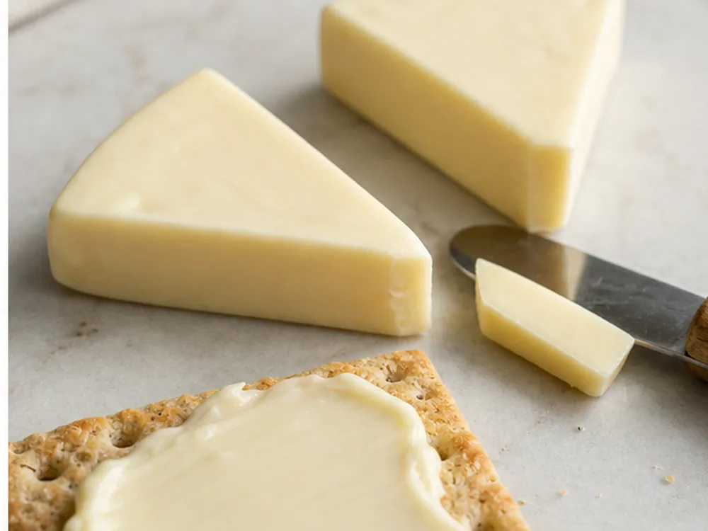 Processed cheese wedges showing smooth spreadable paste on a cracker - La Vache Qui Rit | KnowTheCheese