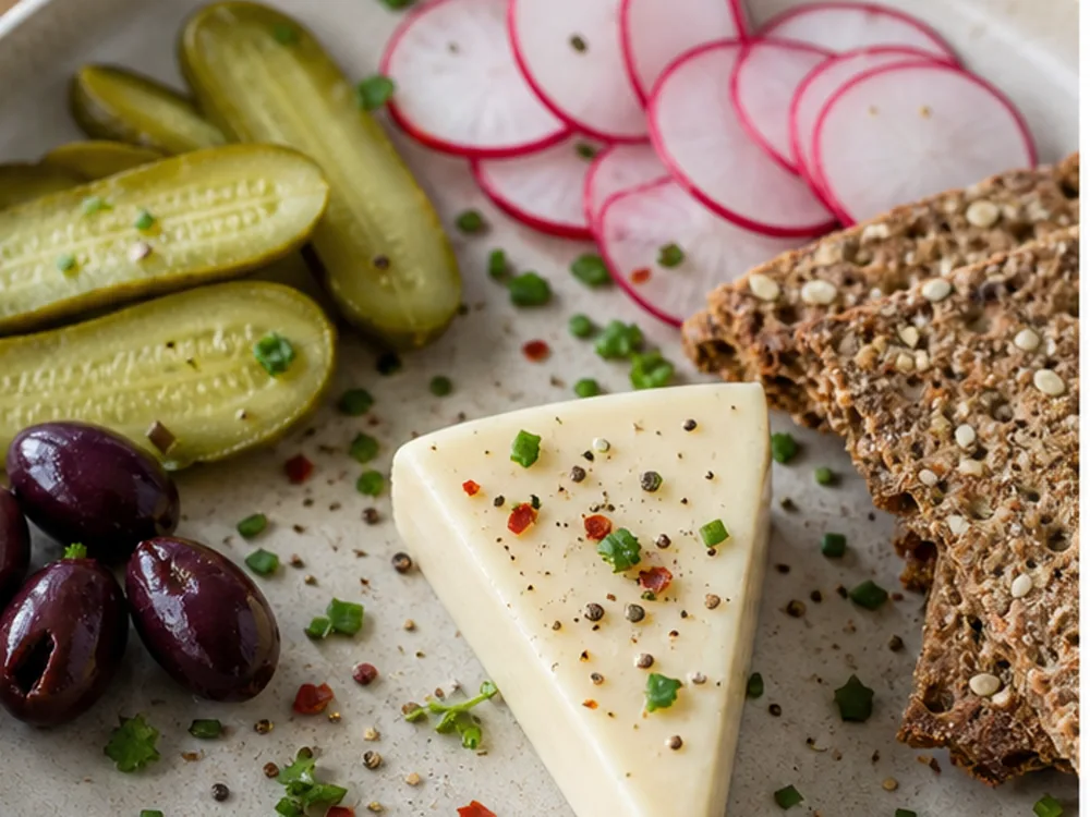 Processed cheese wedge with pickles radishes olives pepper herbs and crispbread - La Vache Qui Rit | KnowTheCheese