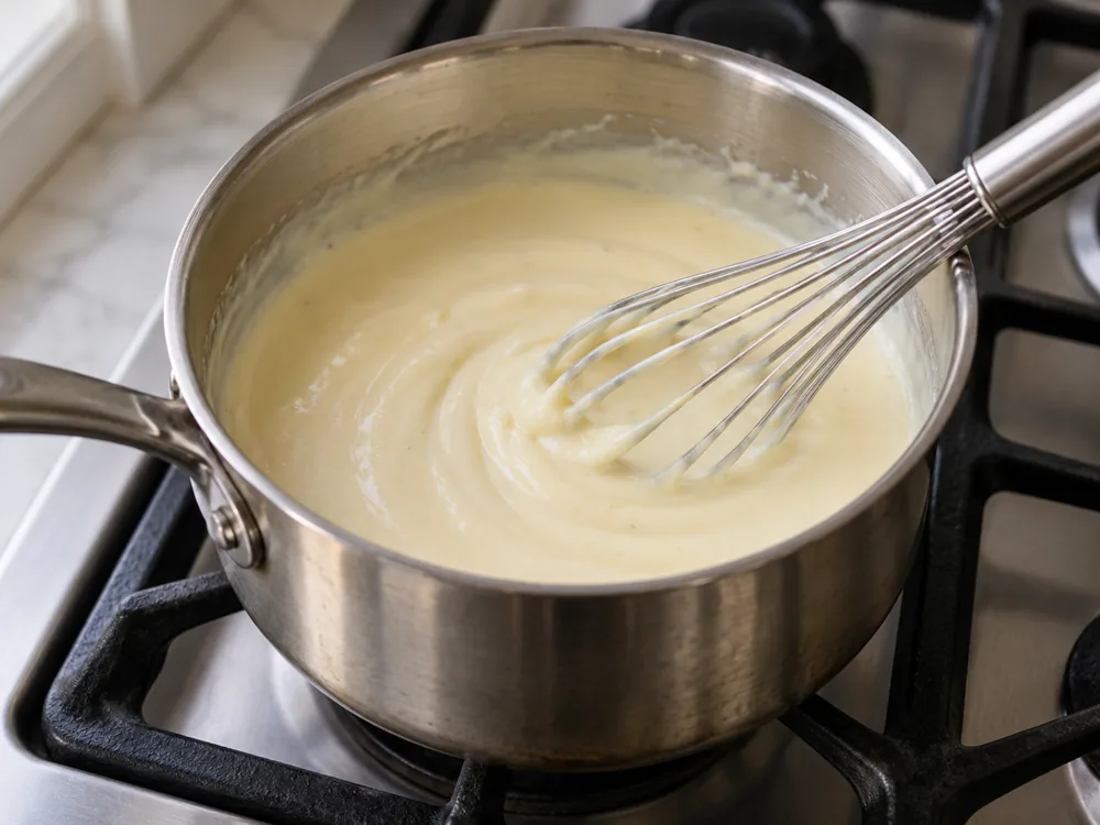 Smooth cheese sauce being whisked in a saucepan - La Vache Qui Rit | KnowTheCheese