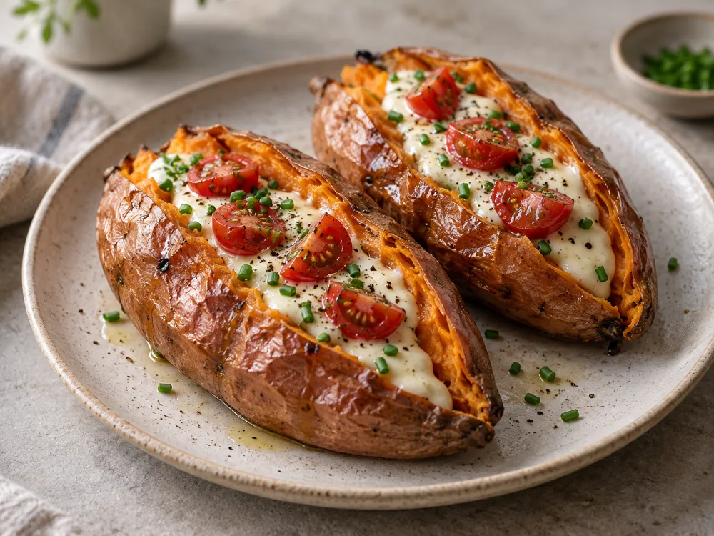 Two roasted sweet potatoes split open and topped with smooth pale cheese sauce, cherry tomatoes and chives - La Vache Qui Rit | KnowTheCheese