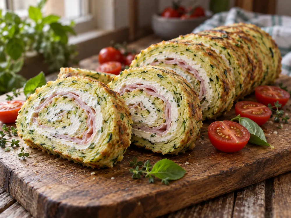 Sliced courgette sponge roll showing a spiral of pale cheese cream and ham - La Vache Qui Rit | KnowTheCheese