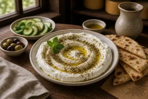 Thick labneh with olive oil, zaatar, cucumber, olives, and flatbread - Labneh cheese | KnowTheCheese