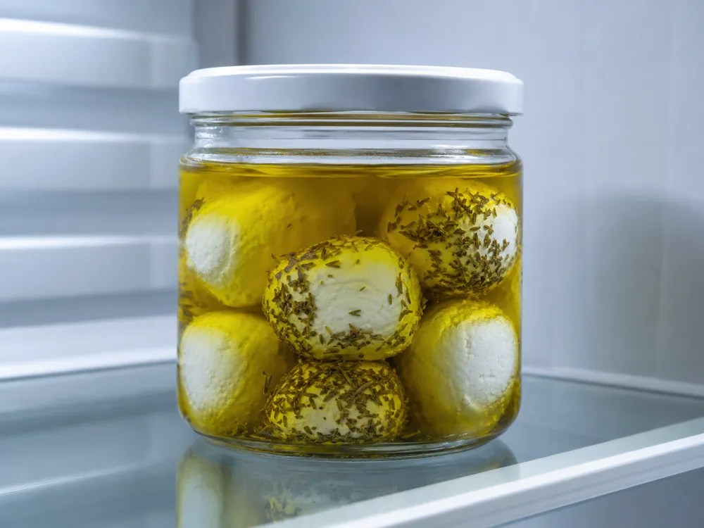 Labneh balls fully submerged in olive oil in a refrigerator - Labneh | KnowTheCheese