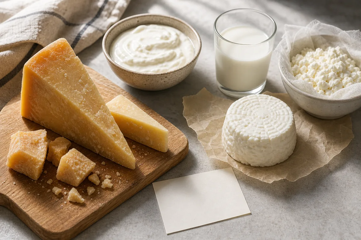 Aged hard cheese and fresh dairy arranged for lactose comparison - Lactose in cheese | KnowTheCheese