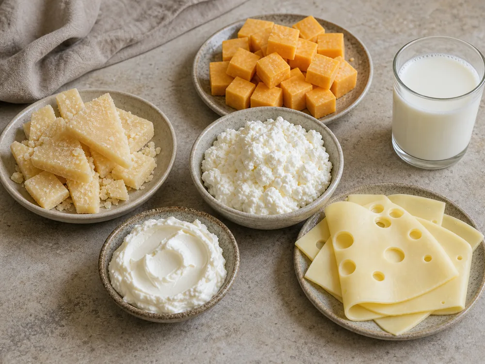 Aged cheese shards, cheddar cubes, Swiss-style slices, ricotta, cream cheese-style spread, cottage cheese, and a glass of milk