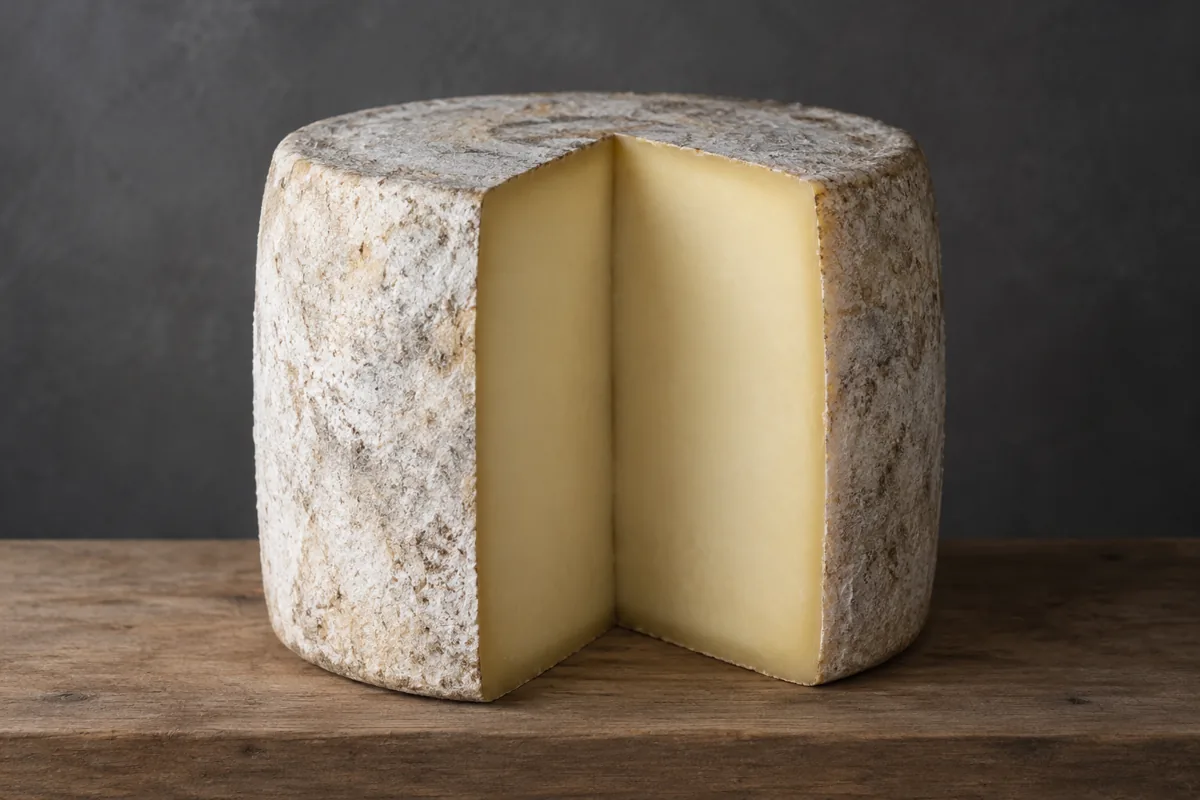 Whole cylindrical pressed cheese wheel with a wedge cut out showing ivory-yellow paste under a light grey dry rind - Laguiole | KnowTheCheese