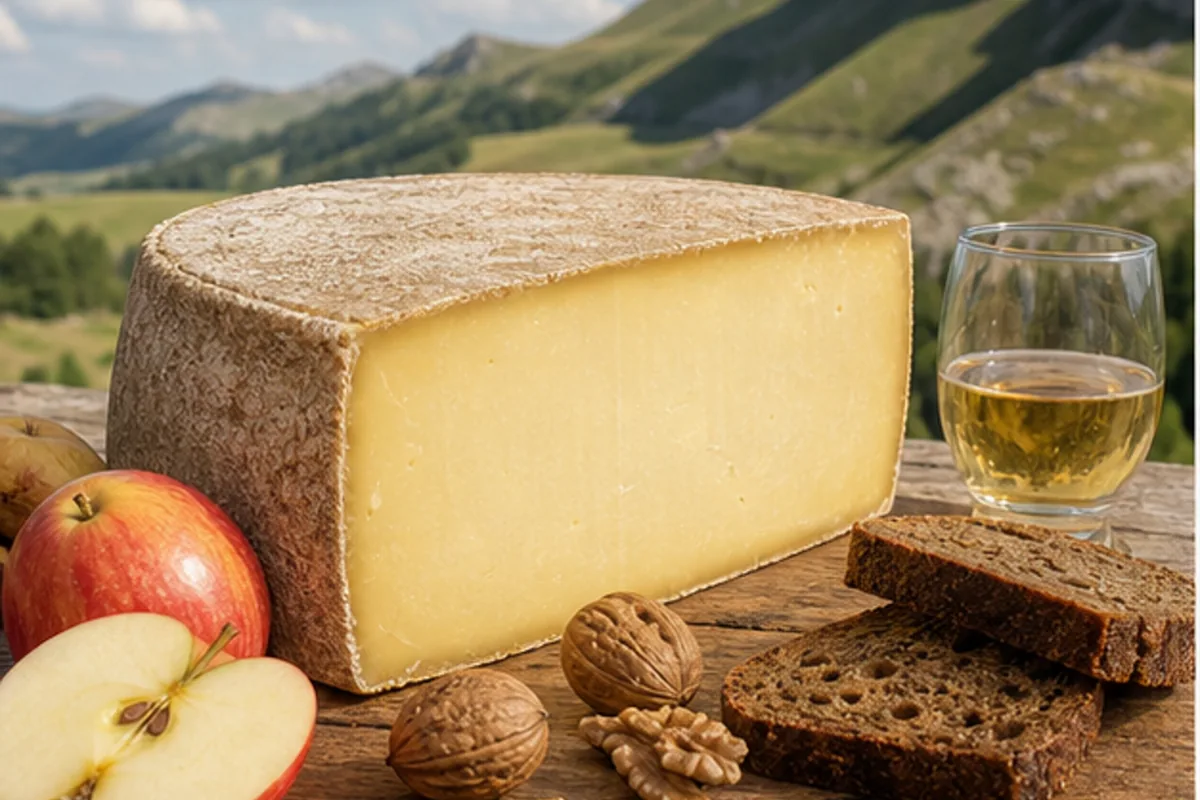 Firm French mountain cheese wedge with apple walnuts rye bread and cider - Laguiole | KnowTheCheese