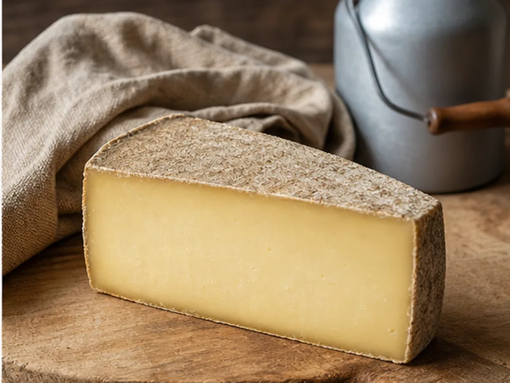 Firm French mountain cheese wedge with thick rind on rustic board - Laguiole | KnowTheCheese