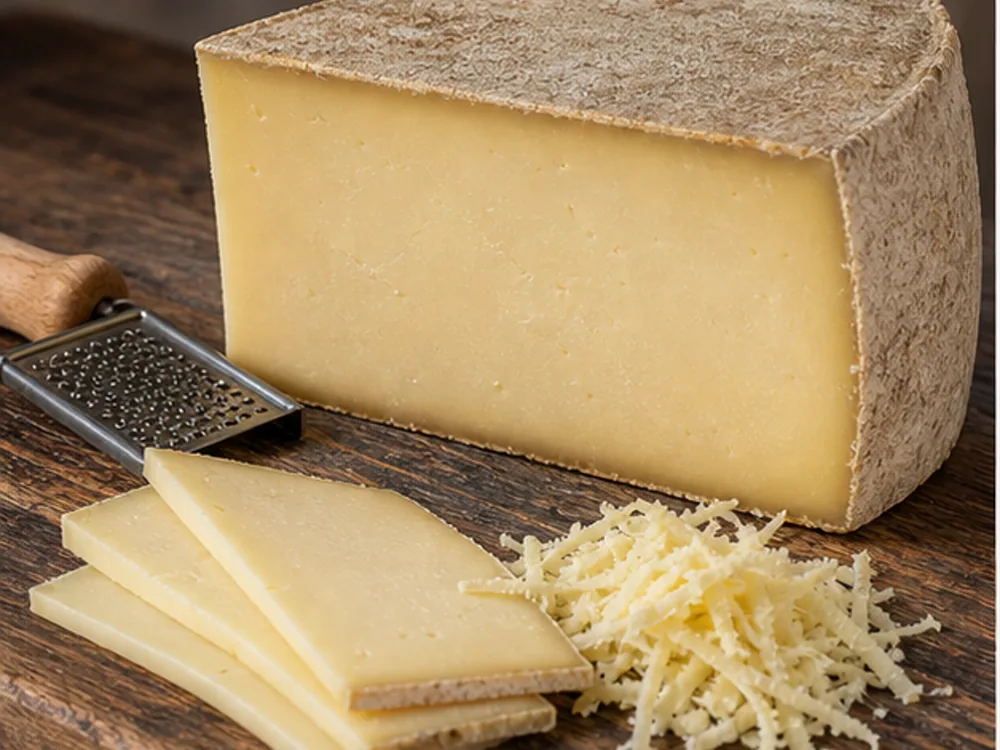 Firm Laguiole style cheese wedge with slices shavings and small grater - Laguiole | KnowTheCheese