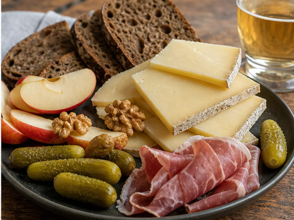 Firm mountain cheese slices with apple walnuts rye bread ham and cider - Laguiole | KnowTheCheese