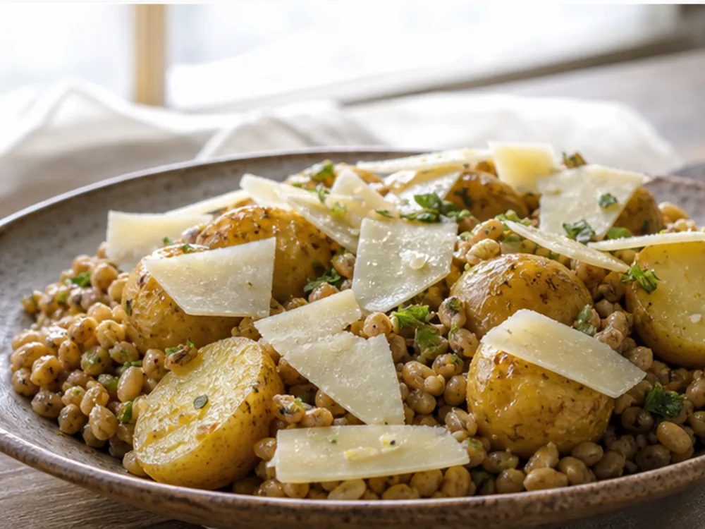 Warm potatoes and grains with firm mountain cheese shavings and Laguiole style wedge - Laguiole | KnowTheCheese