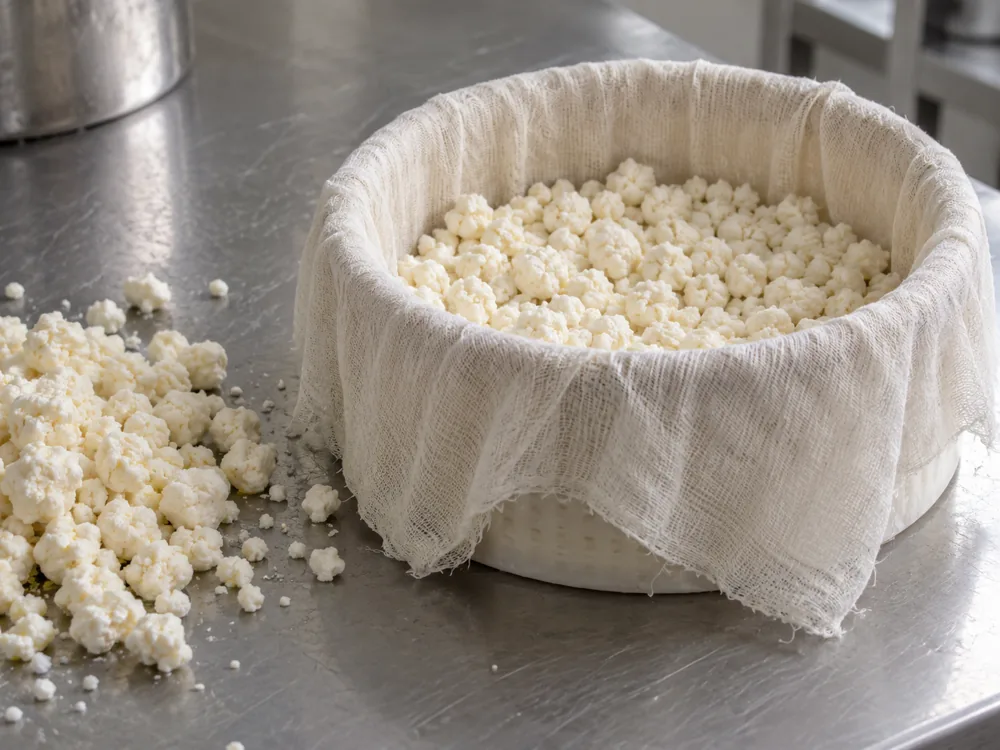 Cloth-lined cylindrical mould filled with small crumbled curd pieces beside a heap of the same pieces - Laguiole | KnowTheCheese