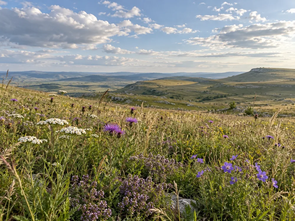 Upland meadow of mixed grasses and wild flowers, including white yarrow, purple knapweed, thyme and violet cranesbill, under a wide sky - Laguiole | KnowTheCheese