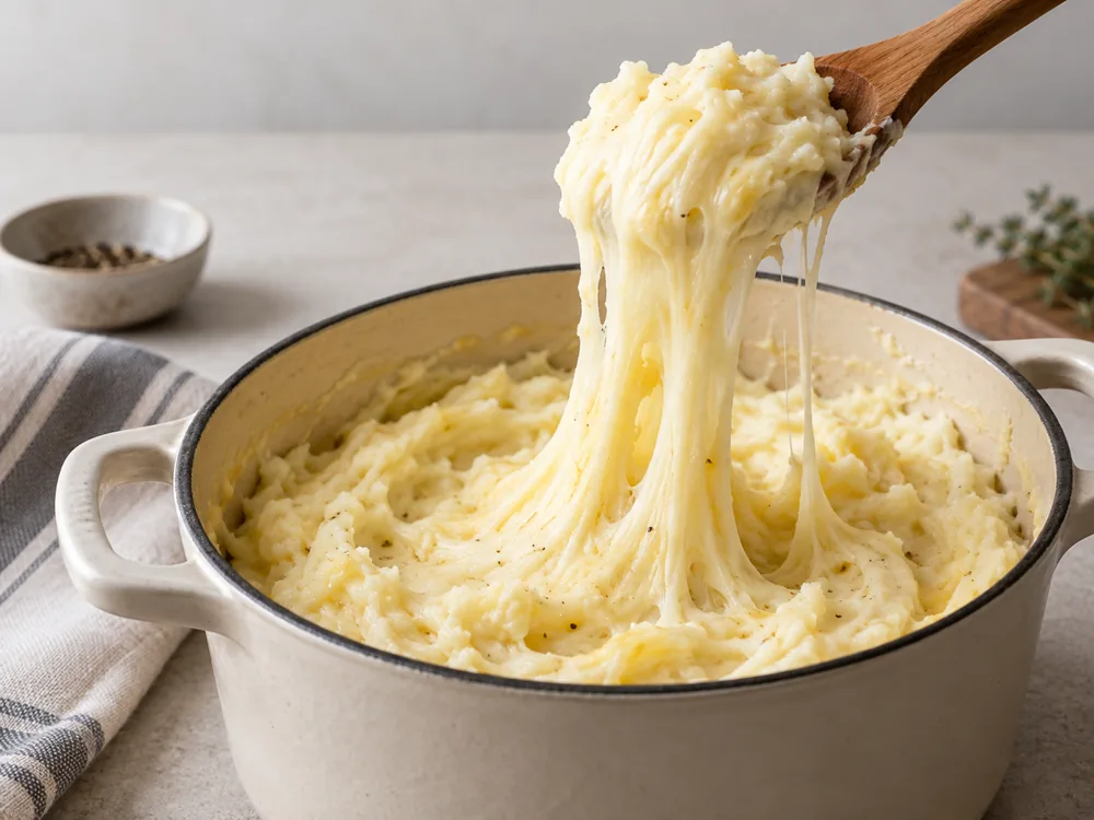 Wooden spoon lifting smooth mashed potato and melted cheese from a pot in a long elastic ribbon - Laguiole | KnowTheCheese