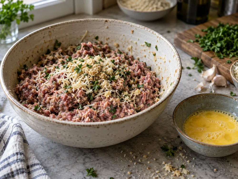 Raw ground lamb mixture with grated cheese, parsley and garlic in a mixing bowl - Lamb Chopper | KnowTheCheese