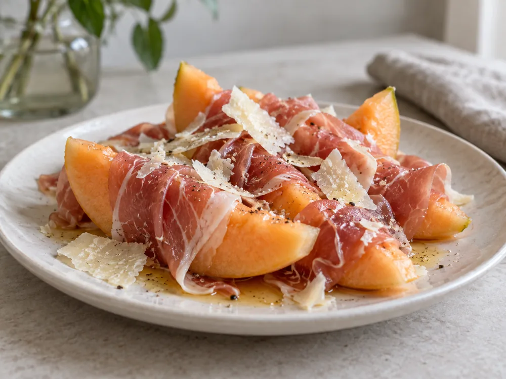 Melon wedges wrapped in prosciutto with shaved pale cheese on a white plate - Lamb Chopper | KnowTheCheese