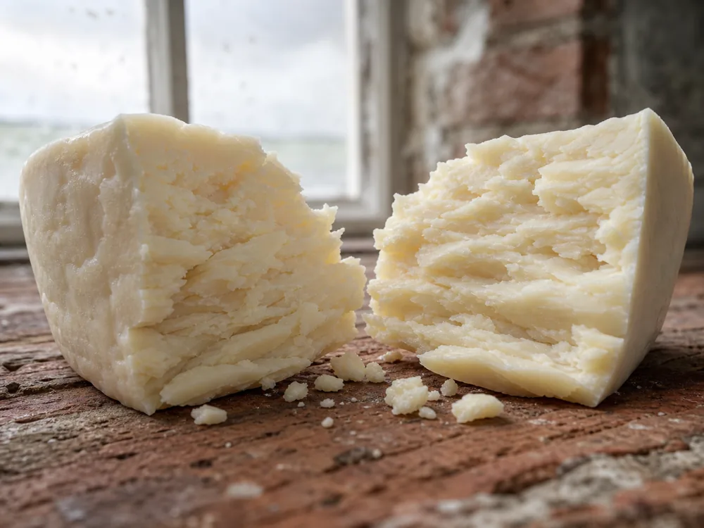 Broken Lancashire cheese showing its buttery layered crumble - Lancashire | KnowTheCheese
