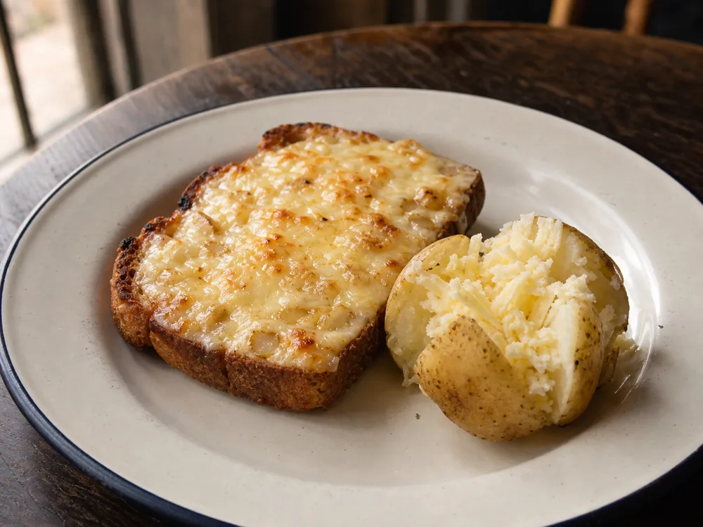 Lancashire cheese on toast and a split boiled potato - Lancashire | KnowTheCheese