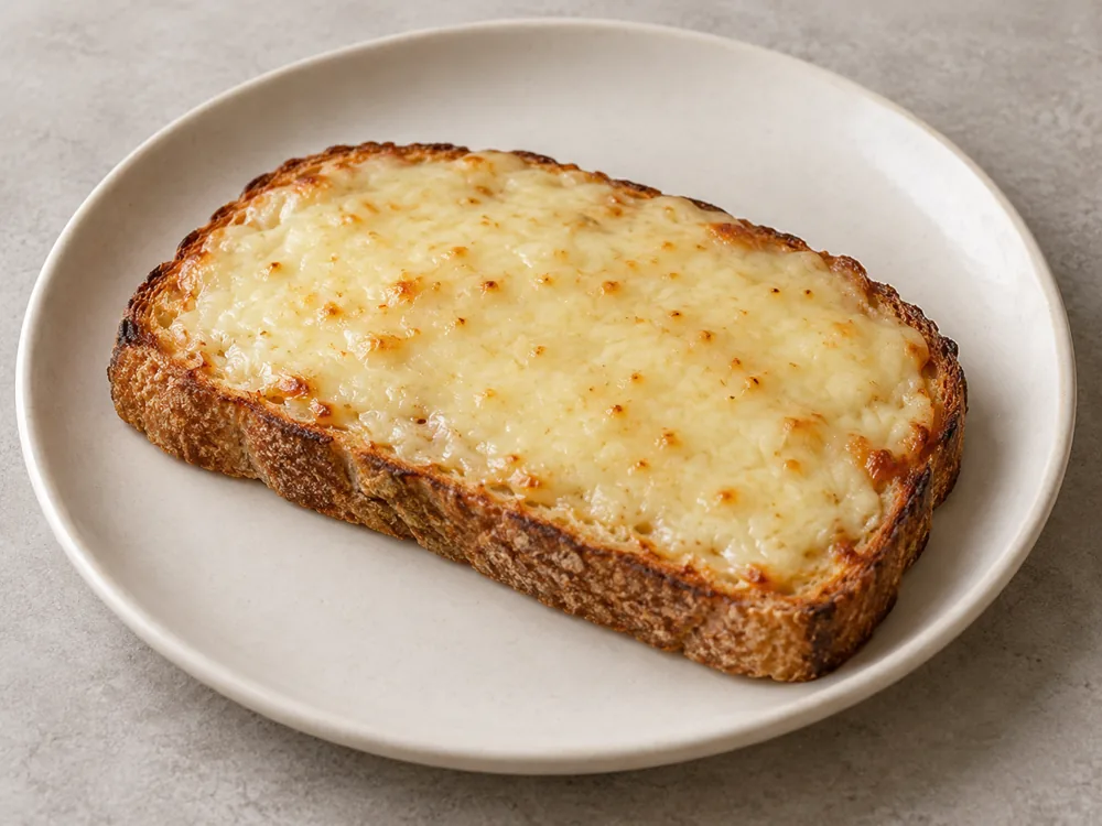 Toast covered with an even layer of melted pale cheese and no strings - Lancashire | KnowTheCheese
