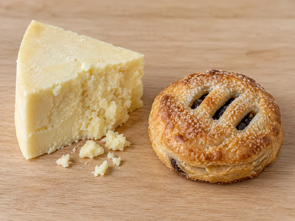 Wedge of pale cream Lancashire beside an Eccles cake on a wooden board - Lancashire | KnowTheCheese