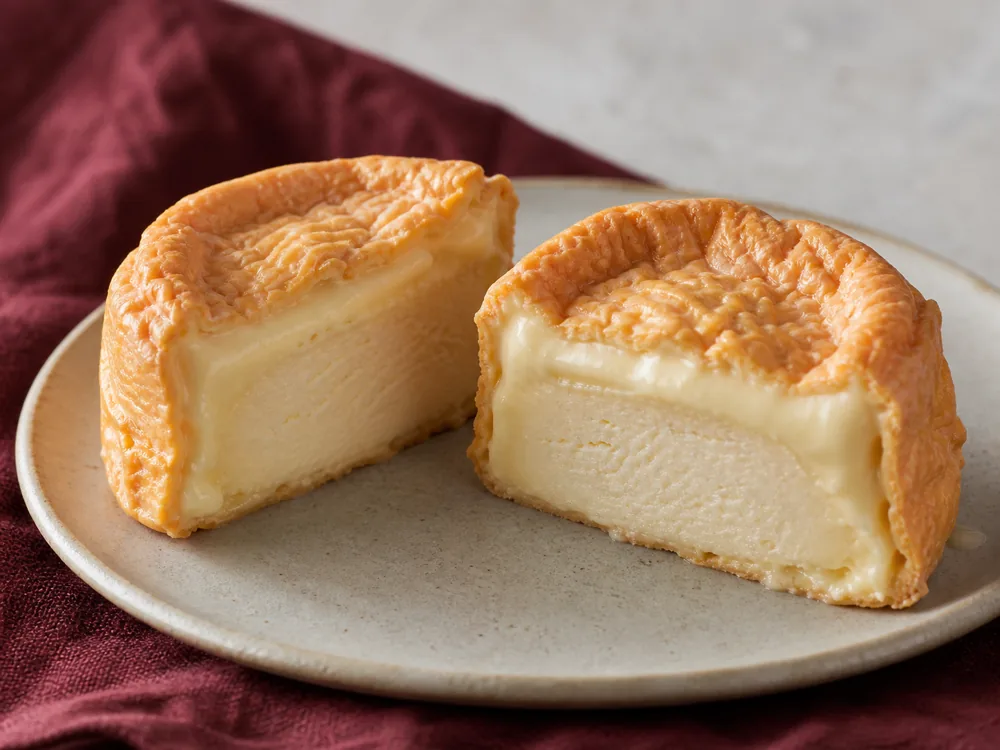 Ripe Langres cut open to show its creamline and firmer center - Langres | KnowTheCheese