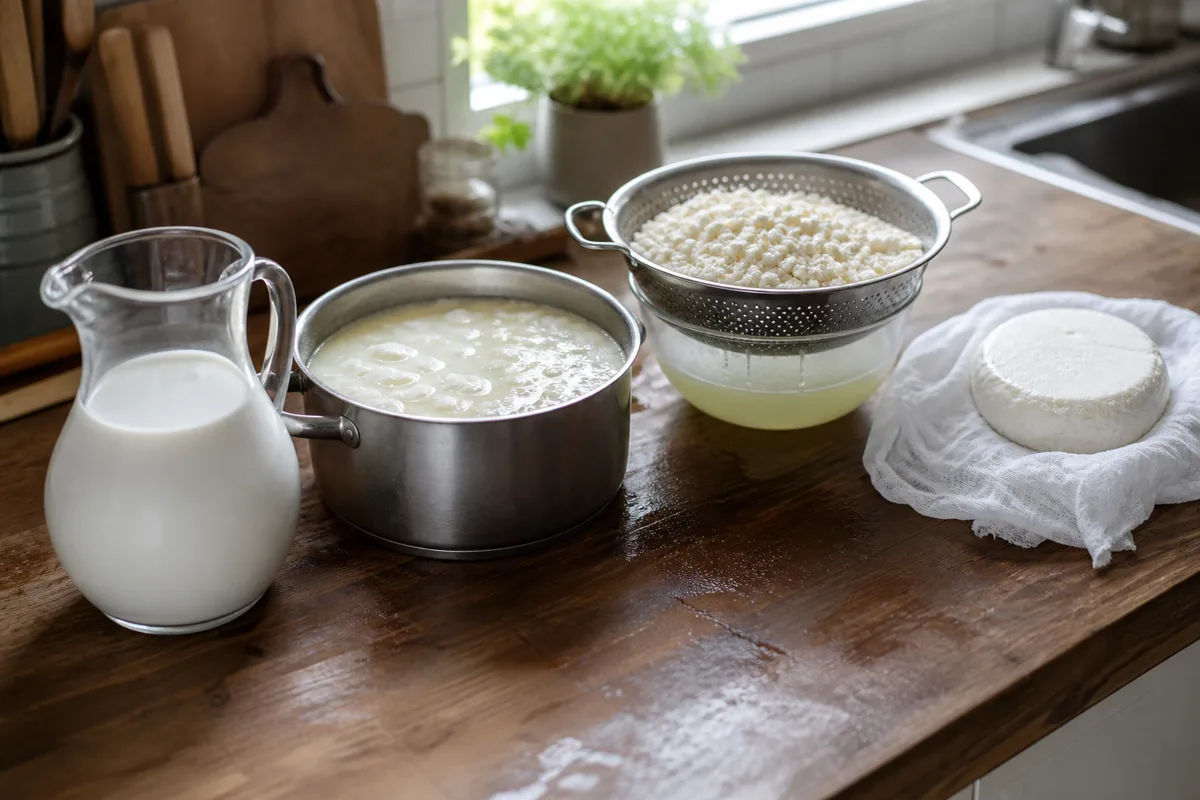 A kitchen counter showing milk, set curd, draining curd, and a small pressed round - cheesemaking | KnowTheCheese
