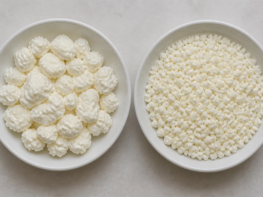 Two bowls of curd, one cut large and one cut small, showing the size difference - cheesemaking | KnowTheCheese