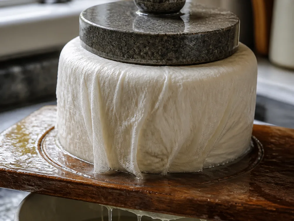 A cheese pressing in a cloth-lined mould with whey running into a bowl below - cheesemaking | KnowTheCheese