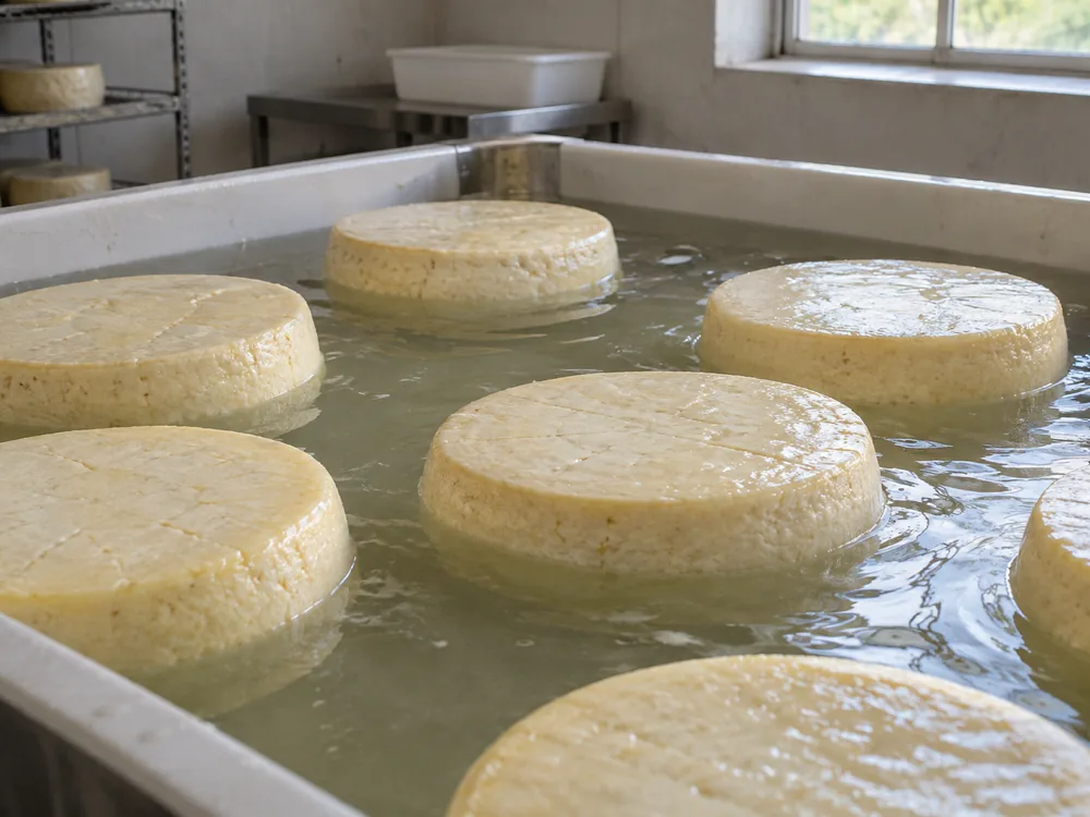 Round cheeses partly submerged in a brine tub - Leerdammer | KnowTheCheese