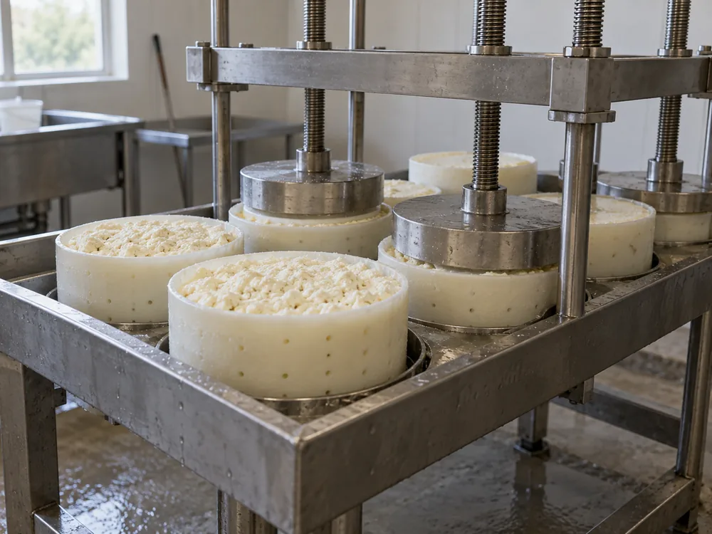 Round cheese moulds filled with curd under a metal press - Leerdammer | KnowTheCheese