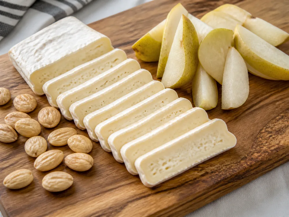 Crosswise slices of Leonora with pear and almonds - Leonora | KnowTheCheese